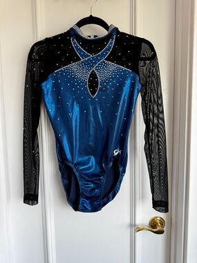 GK Elite Long Sleeve Gymnastics Leotard Black Blue Foil Mesh Rhinestones  26”